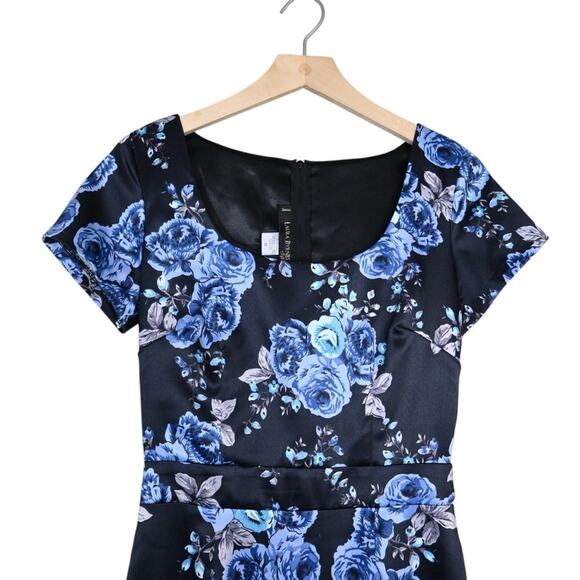 Pinup Girl Clothing by Laura Byrnes Blue Rose Satin Dress Womens M - Picture 3 of 9